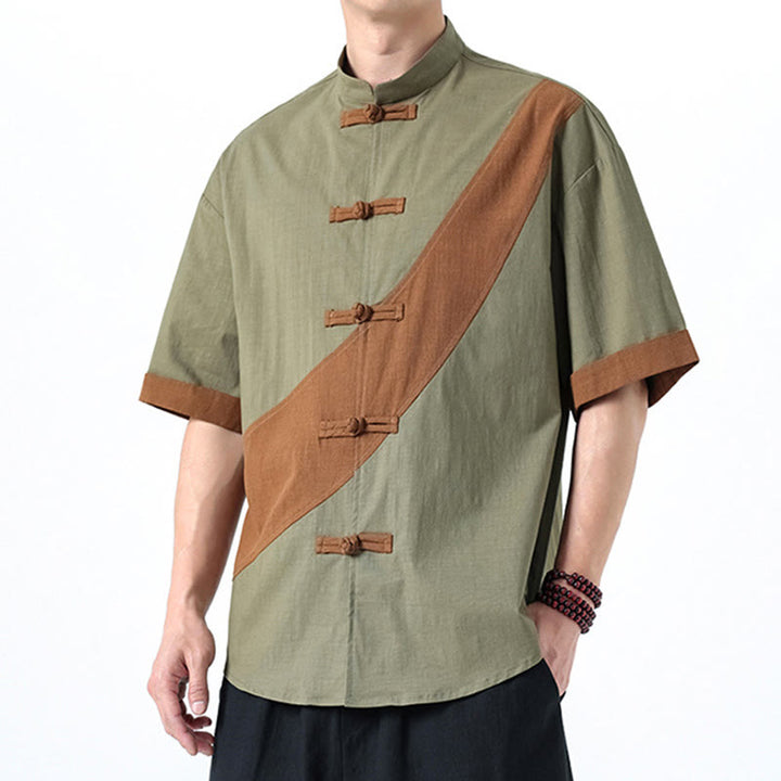Camisa de lino y algodón de media manga para hombre con diseño de rana china y botones en contraste de colores primaverales y Buddha Stones - image 12