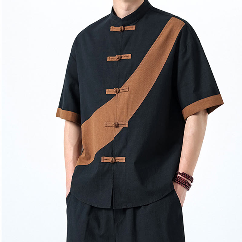 Camisa de lino y algodón de media manga para hombre con diseño de rana china y botones en contraste de colores primaverales y Buddha Stones - image 34
