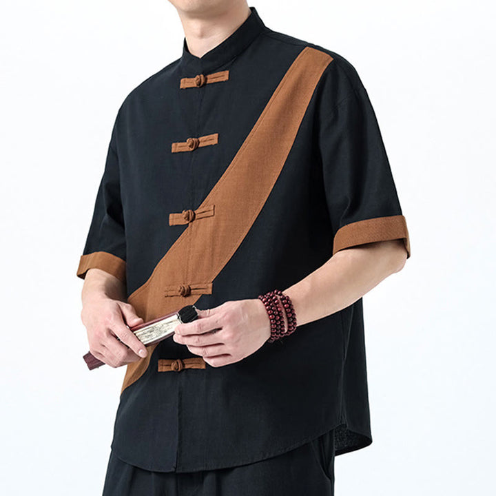 Camisa de lino y algodón de media manga para hombre con diseño de rana china y botones en contraste de colores primaverales y Buddha Stones - image 30