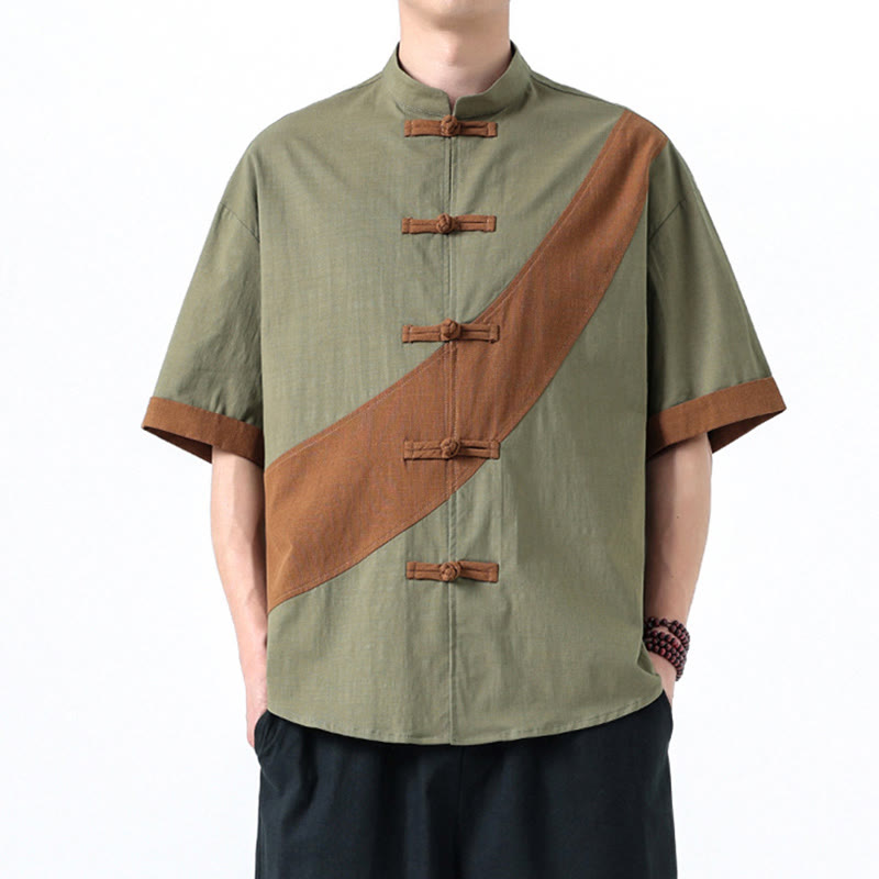 Camisa de lino y algodón de media manga para hombre con diseño de rana china y botones en contraste de colores primaverales y Buddha Stones - image 13