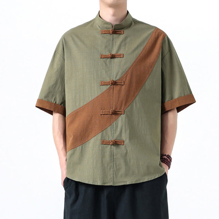 Camisa de lino y algodón de media manga para hombre con diseño de rana china y botones en contraste de colores primaverales y Buddha Stones - image 13