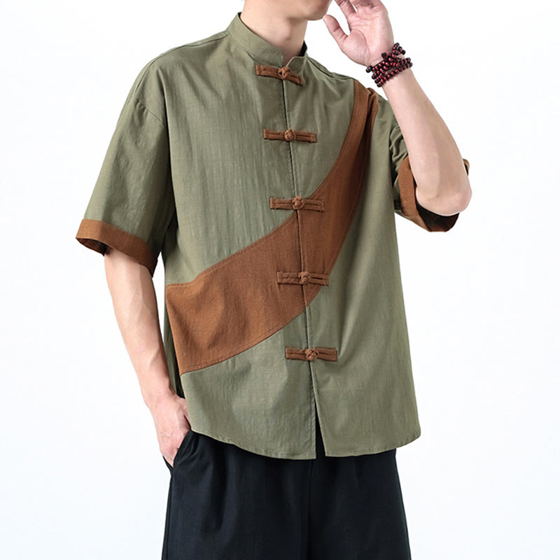 Camisa de lino y algodón de media manga para hombre con diseño de rana china y botones en contraste de colores primaverales y Buddha Stones - image 18