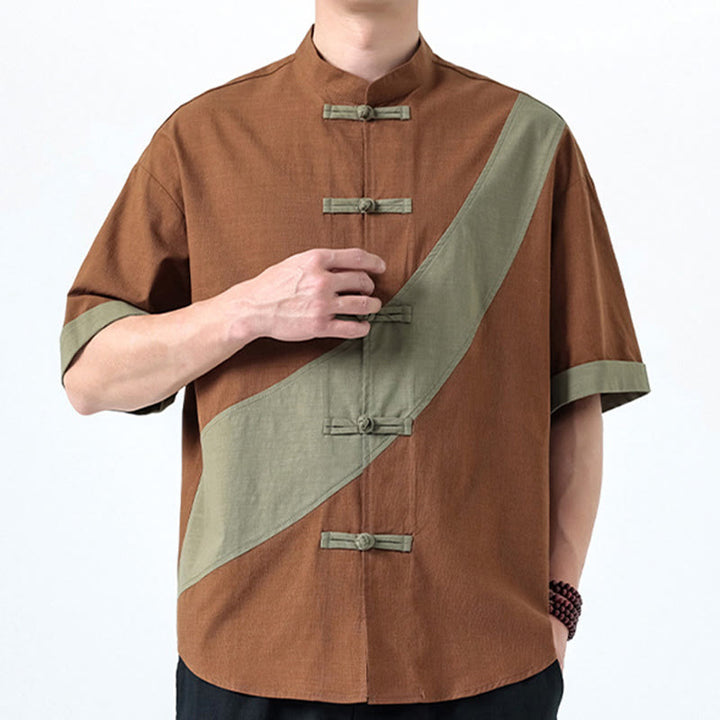 Camisa de lino y algodón de media manga para hombre con diseño de rana china y botones en contraste de colores primaverales y Buddha Stones - image 21