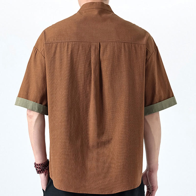Camisa de lino y algodón de media manga para hombre con diseño de rana china y botones en contraste de colores primaverales y Buddha Stones - image 25