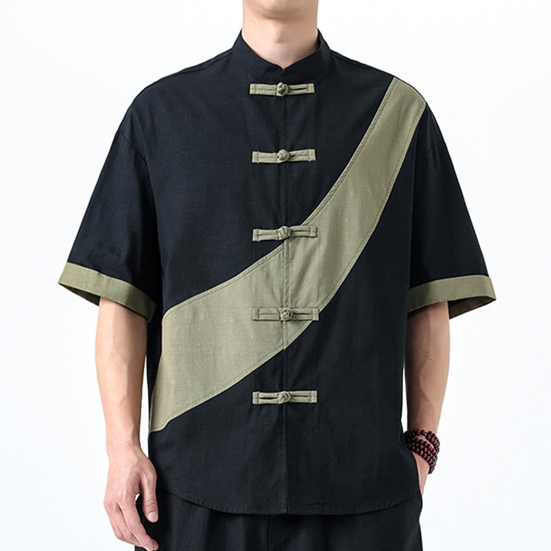 Camisa de lino y algodón de media manga para hombre con diseño de rana china y botones en contraste de colores primaverales y Buddha Stones - Negro con verde mar oscuro - US/UK/AU46, EU56 (5XL) - image 1