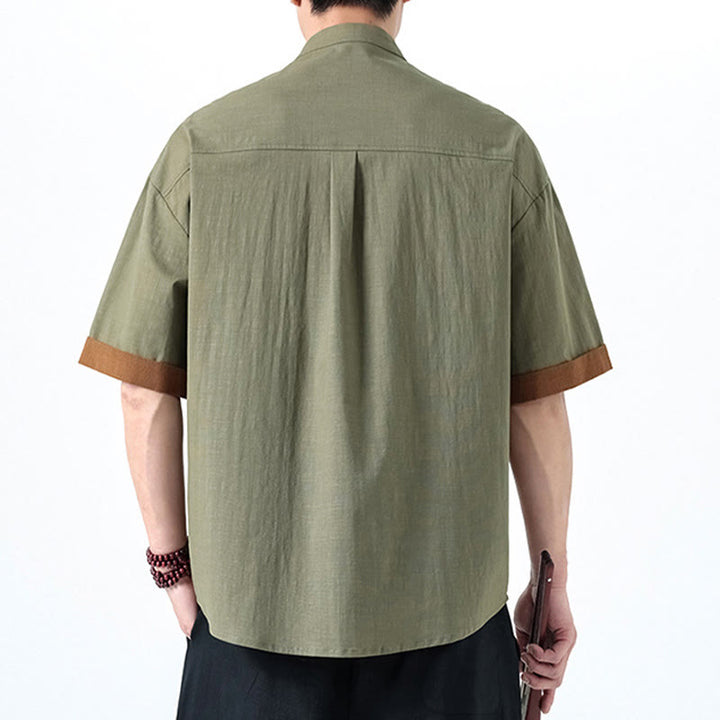 Camisa de lino y algodón de media manga para hombre con diseño de rana china y botones en contraste de colores primaverales y Buddha Stones - image 16