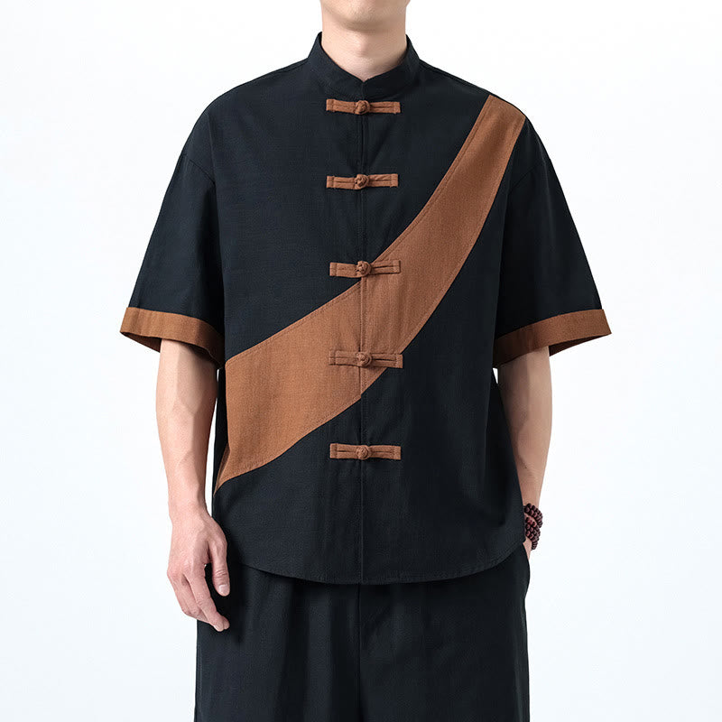 Camisa de lino y algodón de media manga para hombre con diseño de rana china y botones en contraste de colores primaverales y Buddha Stones - Negro con Perú - US/UK/AU46, EU56 (5XL) - image 29
