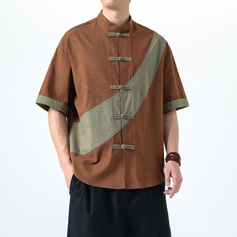 Camisa de lino y algodón de media manga para hombre con diseño de rana china y botones en contraste de colores primaverales y Buddha Stones - image 22