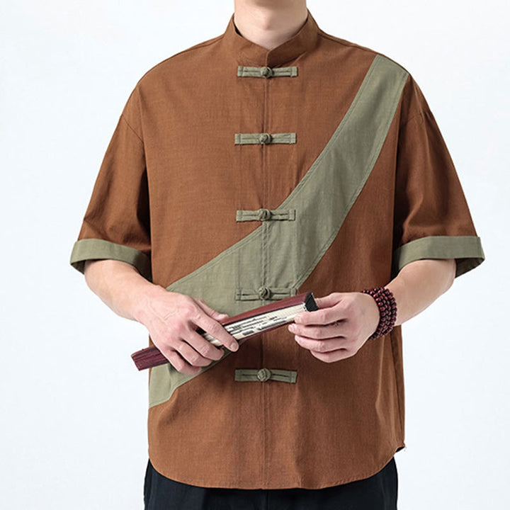 Camisa de lino y algodón de media manga para hombre con diseño de rana china y botones en contraste de colores primaverales y Buddha Stones - image 26