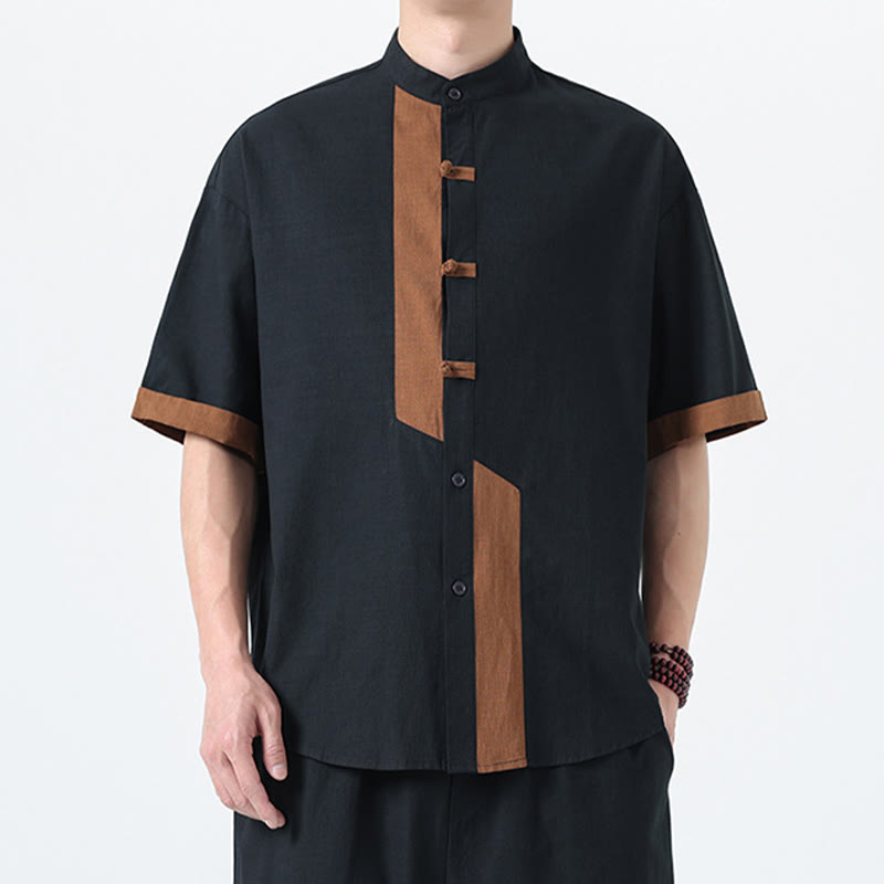 Camisa de lino y algodón de media manga para hombre, diseño chino con botones de rana y Buddha Stones , informal, a juego con colores - image 2