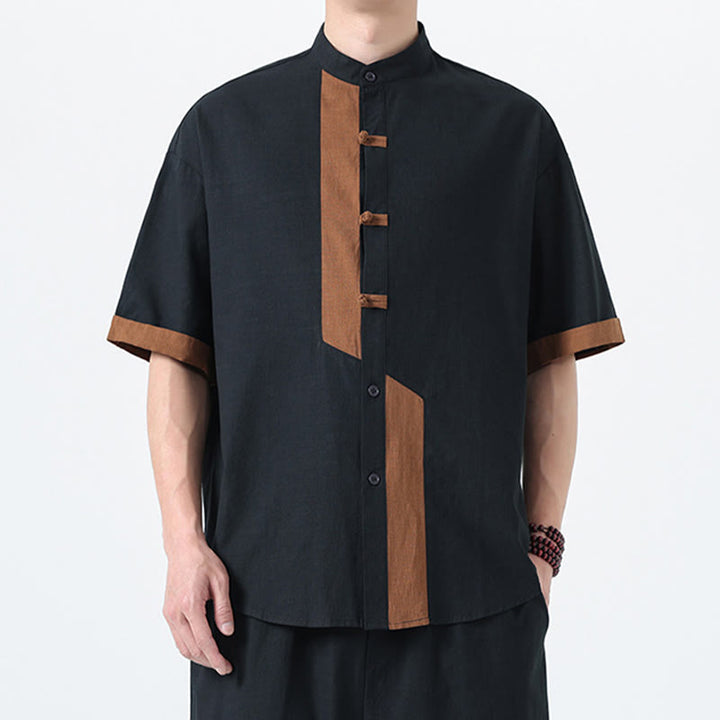 Camisa de lino y algodón de media manga para hombre, diseño chino con botones de rana y Buddha Stones , informal, a juego con colores - image 2