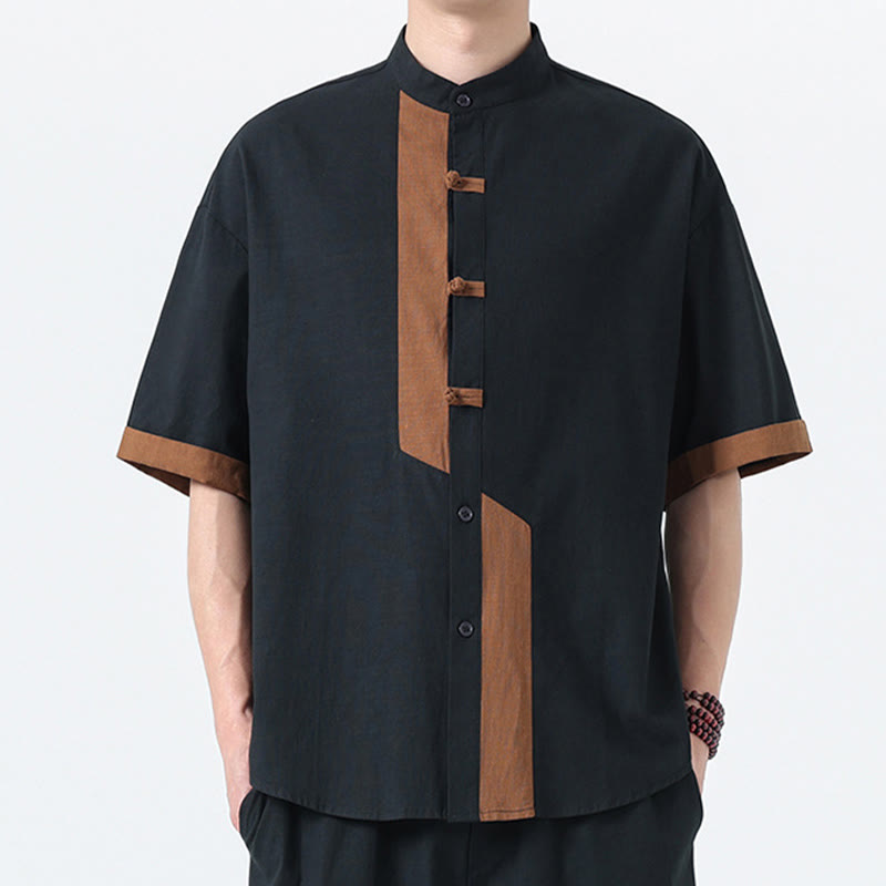 Camisa de lino y algodón de media manga para hombre, diseño chino con botones de rana y Buddha Stones , informal, a juego con colores - Negro con Perú - US/UK/AU46, EU56 (5XL) - image 1