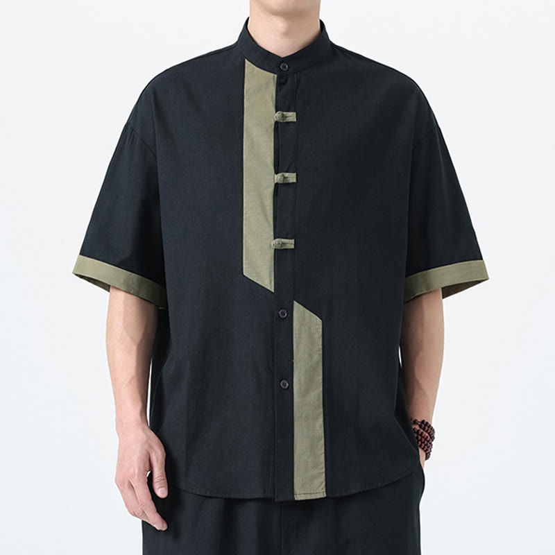 Camisa de lino y algodón de media manga para hombre, diseño chino con botones de rana y Buddha Stones , informal, a juego con colores - image 23