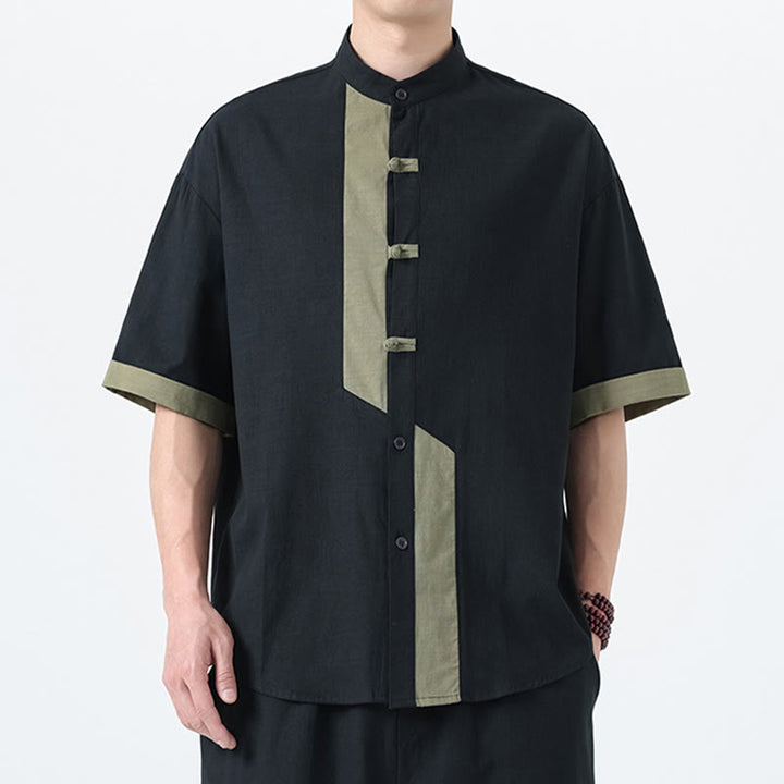 Camisa de lino y algodón de media manga para hombre, diseño chino con botones de rana y Buddha Stones , informal, a juego con colores - image 23