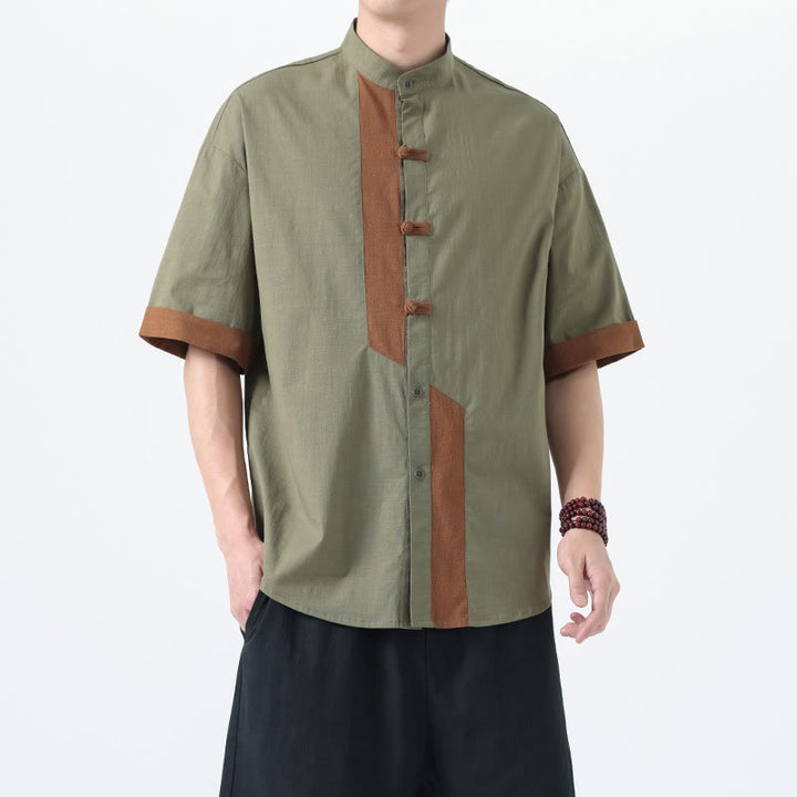 Camisa de lino y algodón de media manga para hombre, diseño chino con botones de rana y Buddha Stones , informal, a juego con colores - image 14