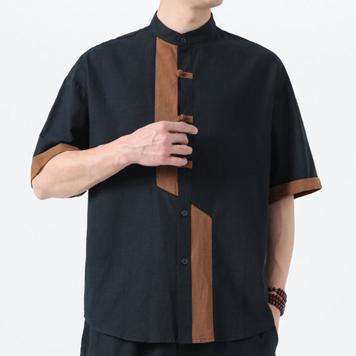 Camisa de lino y algodón de media manga para hombre, diseño chino con botones de rana y Buddha Stones , informal, a juego con colores - image 5