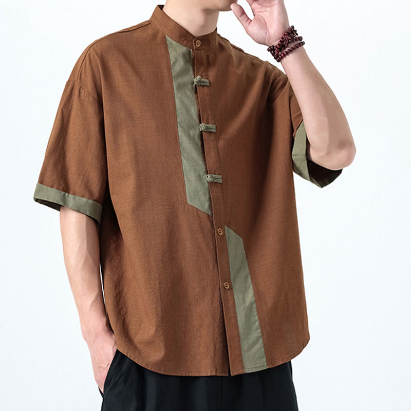 Camisa de lino y algodón de media manga para hombre, diseño chino con botones de rana y Buddha Stones , informal, a juego con colores - image 18