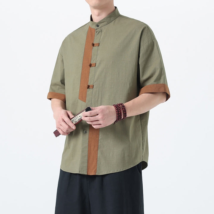 Camisa de lino y algodón de media manga para hombre, diseño chino con botones de rana y Buddha Stones , informal, a juego con colores - image 9