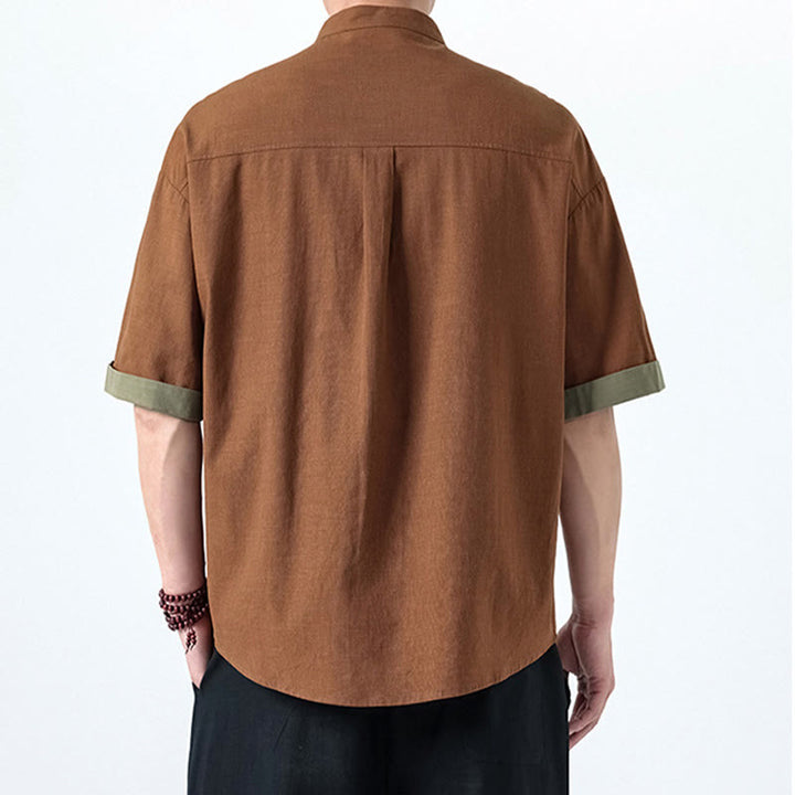Camisa de lino y algodón de media manga para hombre, diseño chino con botones de rana y Buddha Stones , informal, a juego con colores - image 17