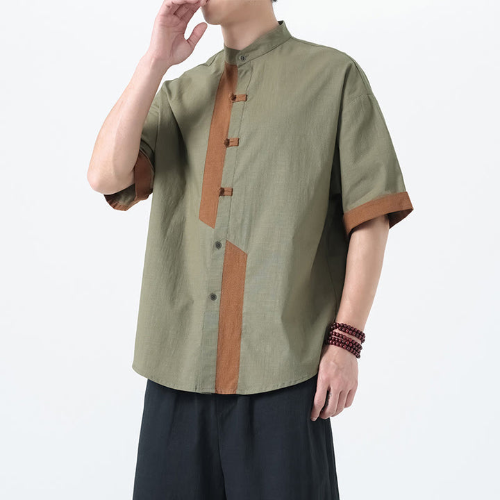 Camisa de lino y algodón de media manga para hombre, diseño chino con botones de rana y Buddha Stones , informal, a juego con colores - image 11