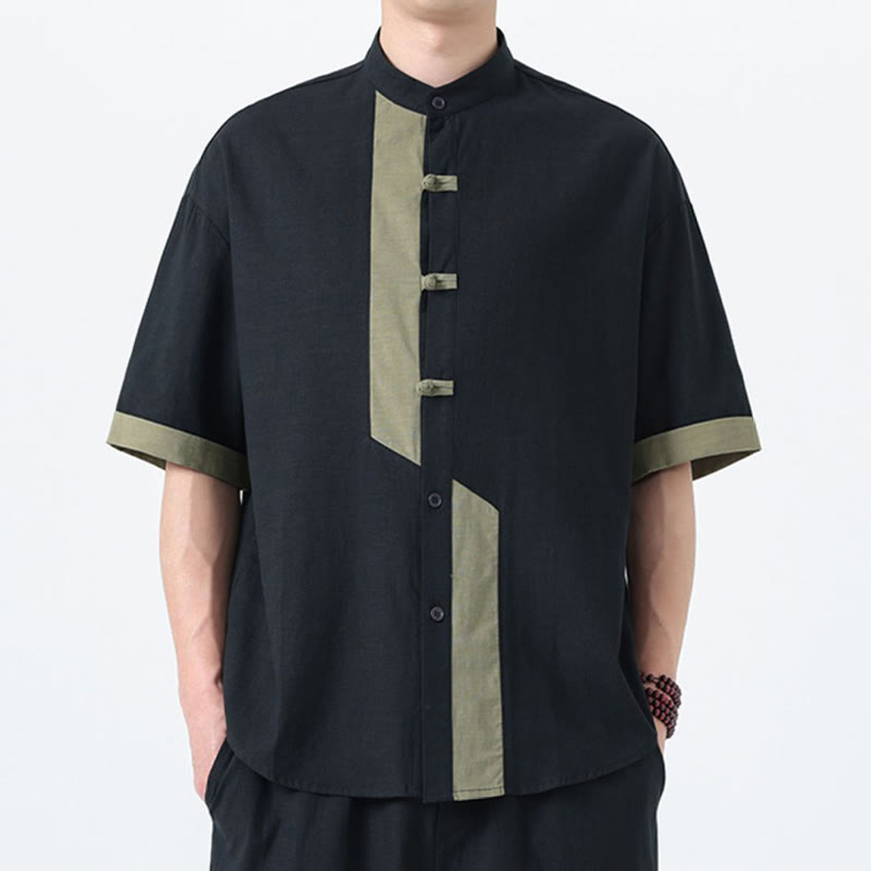 Camisa de lino y algodón de media manga para hombre, diseño chino con botones de rana y Buddha Stones , informal, a juego con colores - image 24