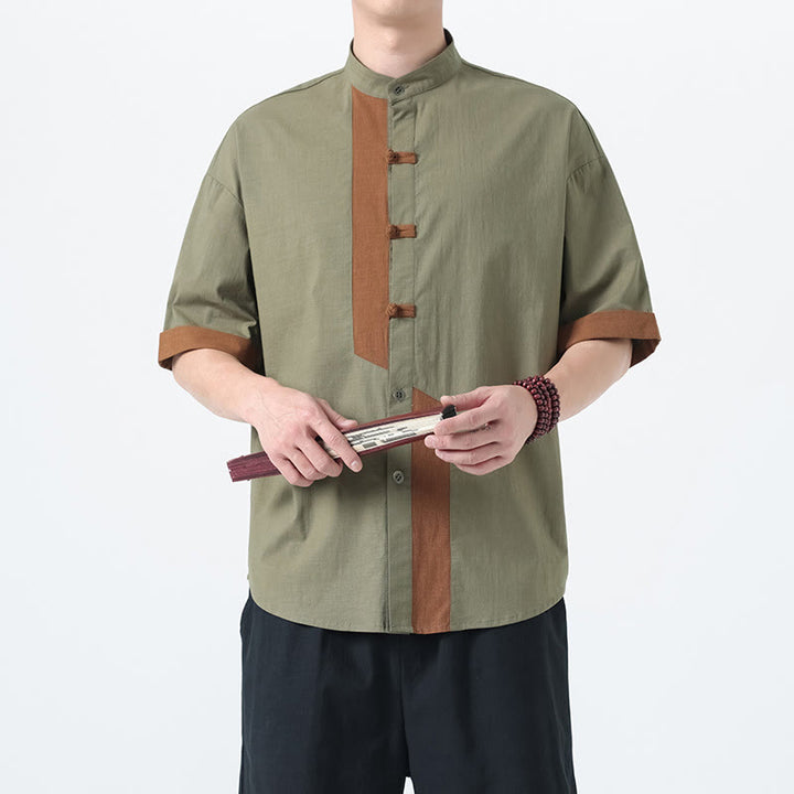 Camisa de lino y algodón de media manga para hombre, diseño chino con botones de rana y Buddha Stones , informal, a juego con colores - Verde mar oscuro - US/UK/AU46, EU56 (5XL) - image 8