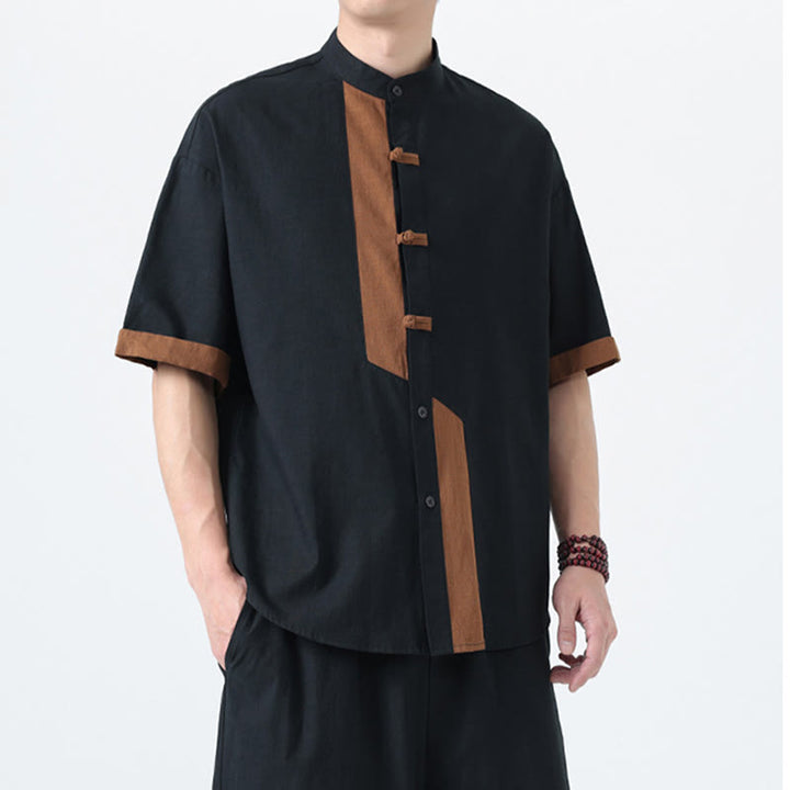 Camisa de lino y algodón de media manga para hombre, diseño chino con botones de rana y Buddha Stones , informal, a juego con colores - image 7