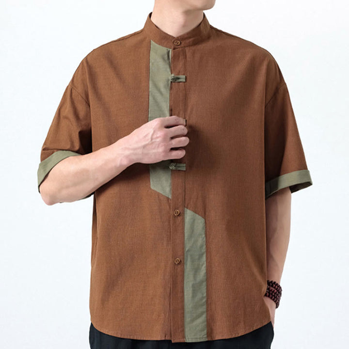 Camisa de lino y algodón de media manga para hombre, diseño chino con botones de rana y Buddha Stones , informal, a juego con colores - image 18