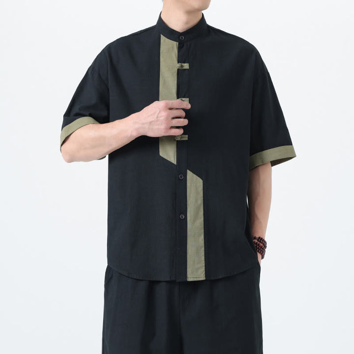 Camisa de lino y algodón de media manga para hombre, diseño chino con botones de rana y Buddha Stones , informal, a juego con colores - Negro con verde mar oscuro - US/UK/AU46, EU56 (5XL) - image 19