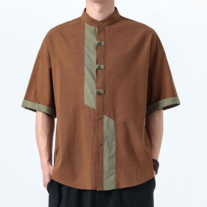 Camisa de lino y algodón de media manga para hombre, diseño chino con botones de rana y Buddha Stones , informal, a juego con colores - image 16