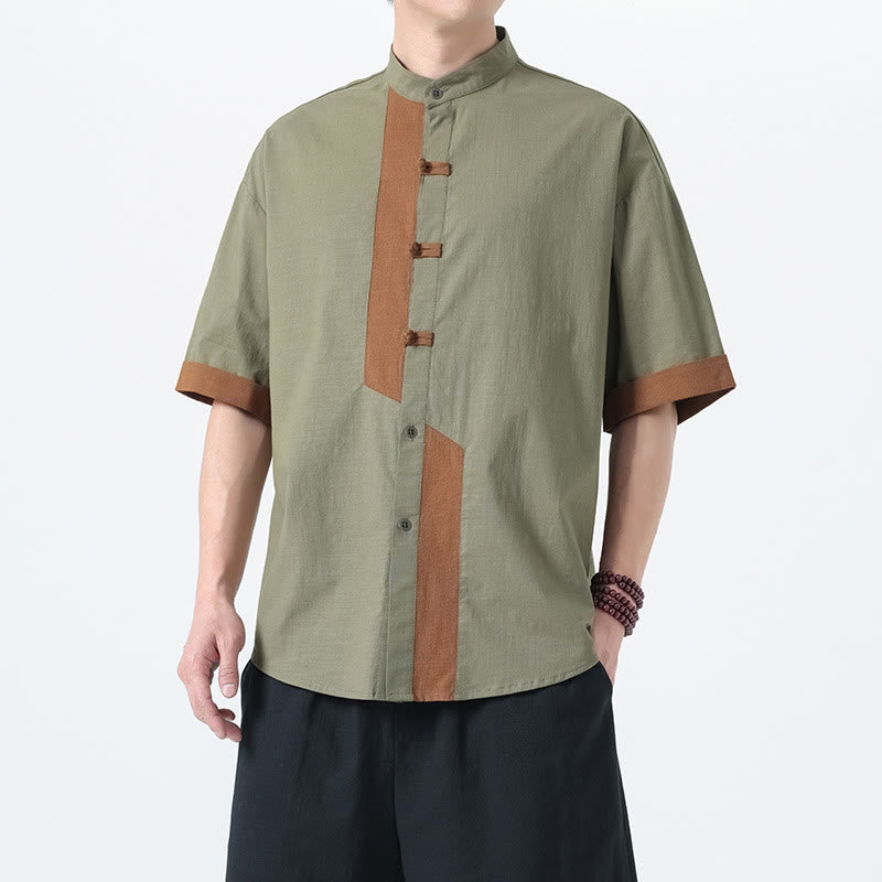 Camisa de lino y algodón de media manga para hombre, diseño chino con botones de rana y Buddha Stones , informal, a juego con colores - image 13