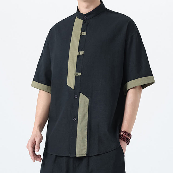 Camisa de lino y algodón de media manga para hombre, diseño chino con botones de rana y Buddha Stones , informal, a juego con colores - image 21
