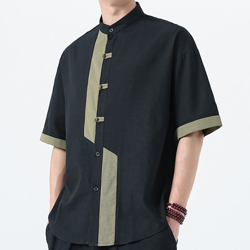 Camisa de lino y algodón de media manga para hombre, diseño chino con botones de rana y Buddha Stones , informal, a juego con colores - image 21