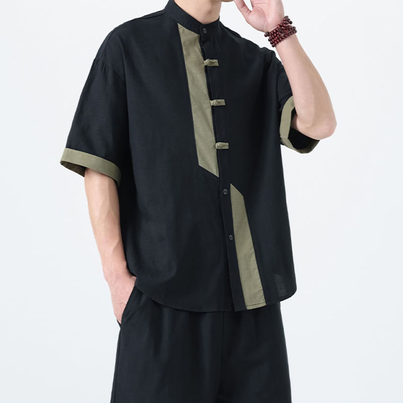 Camisa de lino y algodón de media manga para hombre, diseño chino con botones de rana y Buddha Stones , informal, a juego con colores - image 26