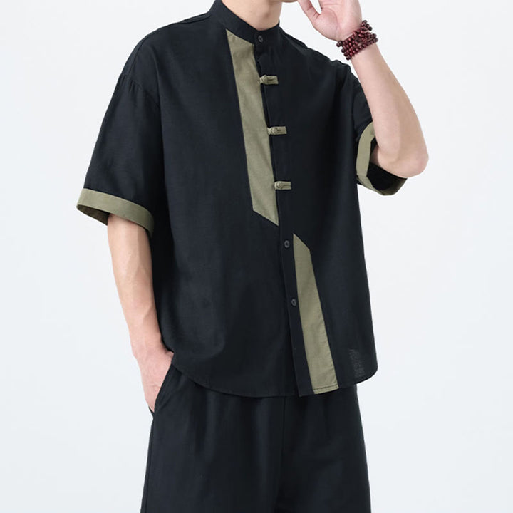 Camisa de lino y algodón de media manga para hombre, diseño chino con botones de rana y Buddha Stones , informal, a juego con colores - image 26