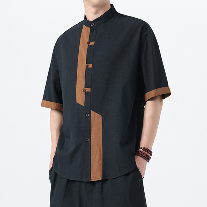 Camisa de lino y algodón de media manga para hombre, diseño chino con botones de rana y Buddha Stones , informal, a juego con colores - image 6
