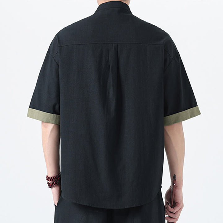 Camisa de lino y algodón de media manga para hombre, diseño chino con botones de rana y Buddha Stones , informal, a juego con colores - image 24