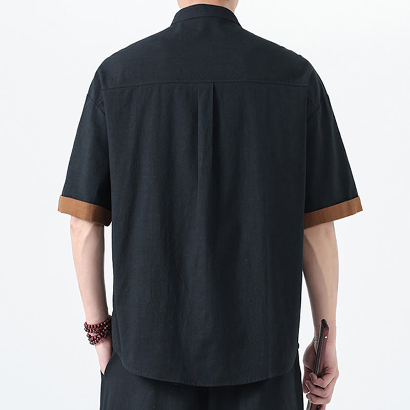 Camisa de lino y algodón de media manga para hombre, diseño chino con botones de rana y Buddha Stones , informal, a juego con colores - image 3