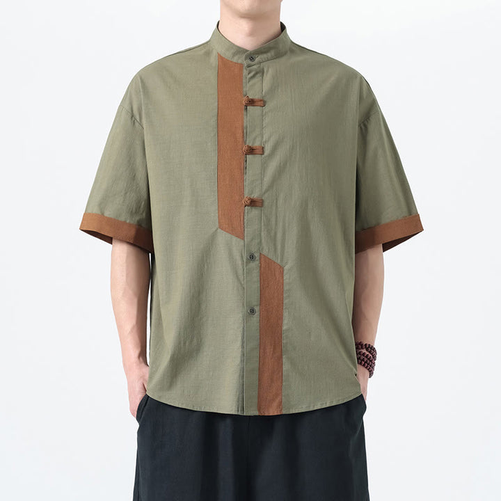 Camisa de lino y algodón de media manga para hombre, diseño chino con botones de rana y Buddha Stones , informal, a juego con colores - image 9
