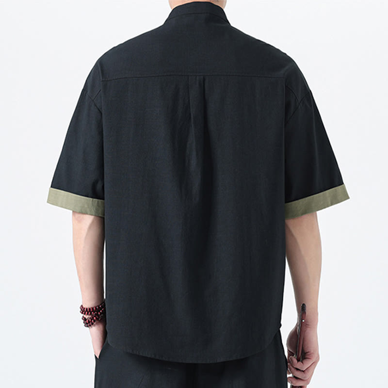 Camisa de lino y algodón de media manga para hombre, diseño chino con botones de rana y Buddha Stones , informal, a juego con colores - image 25