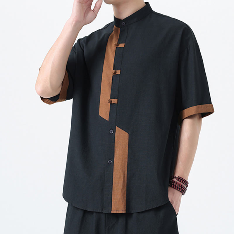 Camisa de lino y algodón de media manga para hombre, diseño chino con botones de rana y Buddha Stones , informal, a juego con colores - image 4