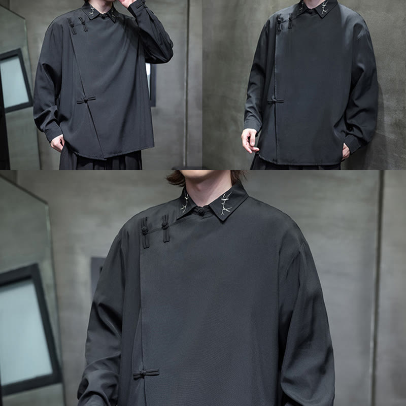 Camisa de manga larga para hombre con diseño de rana china, color puro y bordado con Buddha Stones y solapa. - image 13