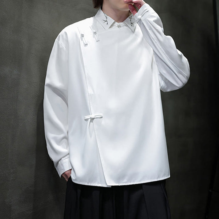 Camisa de manga larga para hombre con diseño de rana china, color puro y bordado con Buddha Stones y solapa. - image 17