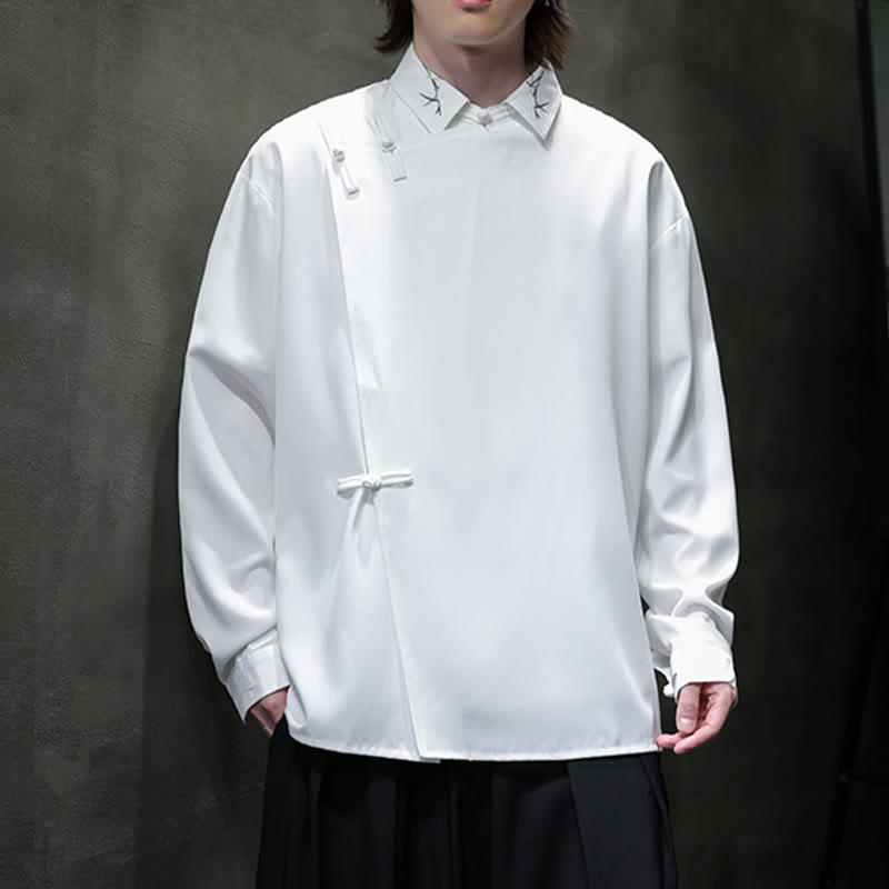 Camisa de manga larga para hombre con diseño de rana china, color puro y bordado con Buddha Stones y solapa. - image 18