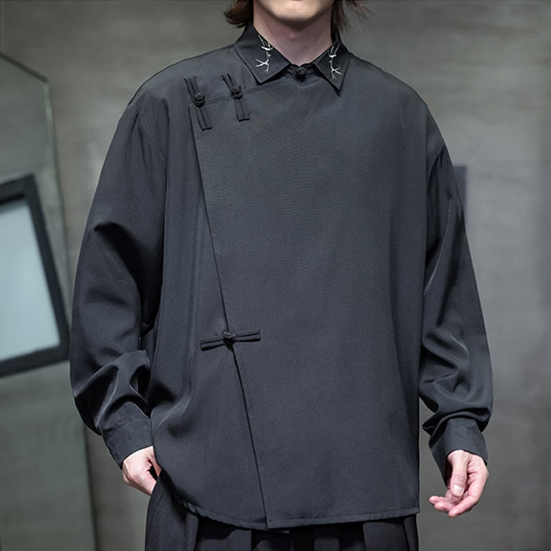 Camisa de manga larga para hombre con diseño de rana china, color puro y bordado con Buddha Stones y solapa. - image 1