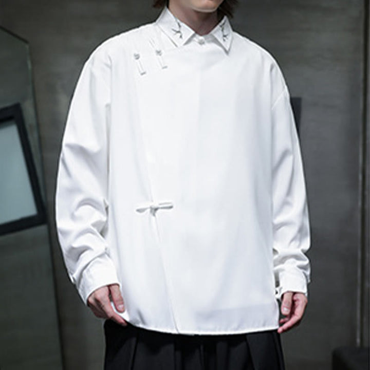 Camisa de manga larga para hombre con diseño de rana china, color puro y bordado con Buddha Stones y solapa. - image 16