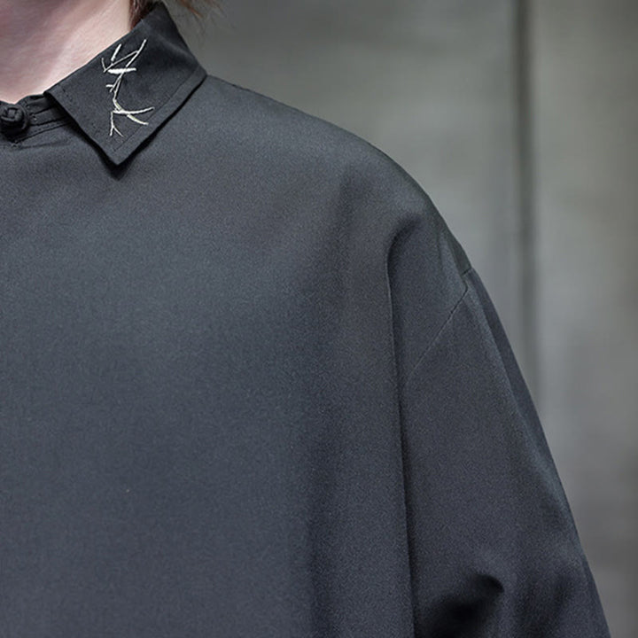 Camisa de manga larga para hombre con diseño de rana china, color puro y bordado con Buddha Stones y solapa. - image 11