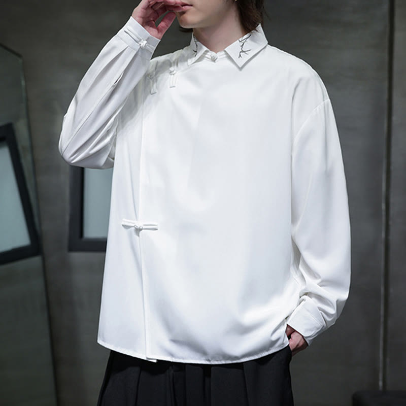 Camisa de manga larga para hombre con diseño de rana china, color puro y bordado con Buddha Stones y solapa. - image 15