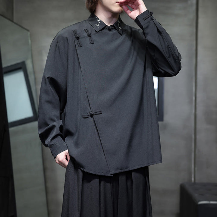 Camisa de manga larga para hombre con diseño de rana china, color puro y bordado con Buddha Stones y solapa. - image 7