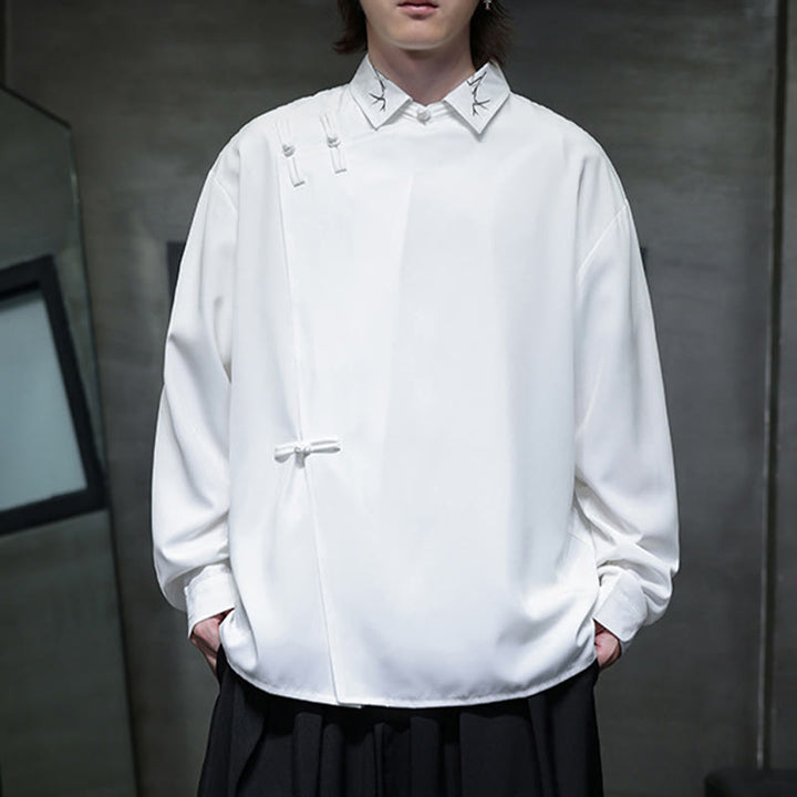 Camisa de manga larga para hombre con diseño de rana china, color puro y bordado con Buddha Stones y solapa. - Blanco - US/UK/AU46, EU56 (5XL) - image 14